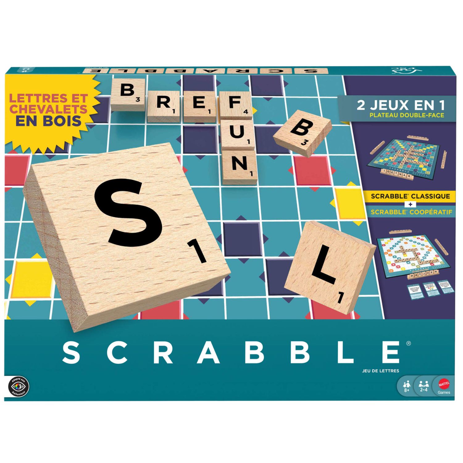 Mattel Jeu de société Scrabble Classic 2-en-1 plateau double face tuiles bois naturel
