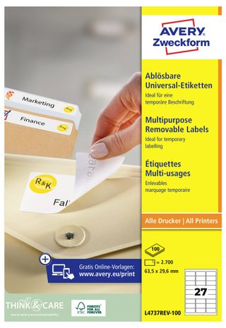 Etiquette universelles Avery-Zweckform L4737REV-100 63.5 x 29.6 mm papier blanc 2700 pc(s) décollable