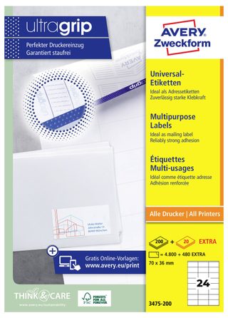 Avery-Zweckform 3475-200 Etiquette universelles 70 x 36 mm papier blanc 5280 pc(s) fixation permanente imprimante à jet dencre, imprimante laser, imprimante