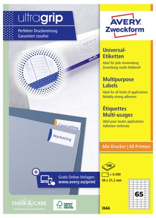 Avery-Zweckform 3666 Etiquette universelles 38 x 21.2 mm papier blanc 6500 pc(s) fixation permanente imprimante à jet dencre, imprimante laser, imprimante