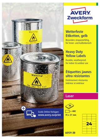 Etiquette plastique Avery-Zweckform L6131-20 70 x 37 mm film de polyester jaune 480 pc(s) fixation permanente