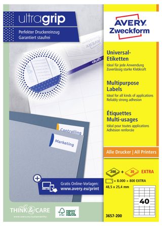 Avery-Zweckform 3657-200 Etiquette universelles 48.5 x 25.4 mm papier blanc 8800 pc(s) fixation permanente imprimante laser couleur