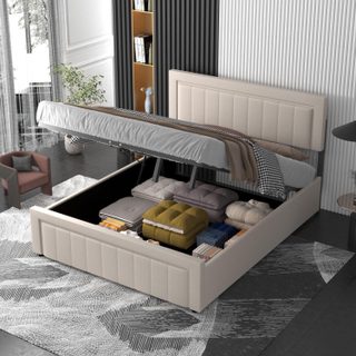 Lit coffre 160x200cm en velours beige NASHVILLE