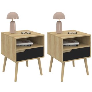 Lot de 2 tables de chevet helsinki scandinaves 1 tiroir avec niche effet hêtre et noir