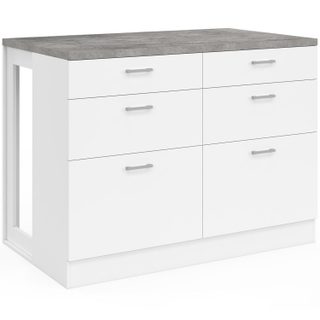 Ilot central mange-debout ORSO 120 cm casserolier 6 tiroirs blanc avec plan de travail effet béton