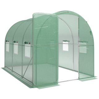Serre tunnel de jardin 6m² porte et 8 fenêtres bâche PE 140 g/m² vert