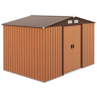 Abri de jardin - remise pour outils - cabanon double porte coulissante - fondation incluse - dim. 277L x 191l x 192H cm - tôle d'acier ondulée terracotta