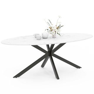 Table à manger ovale alix 10 personnes pied araignée noir et plateau effet marbre blanc alaska 200 cm