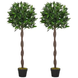 Lauriers artificiels topiaires 1,20H m - lot de 2 lauriers boules artificiels - 741 feuilles réalistes par pied - tronc liane - pot inclus noir vert