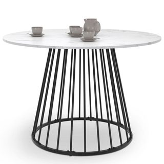 Table à manger ronde yuna 6 personnes pied filaire en métal noir et plateau effet marbre blanc alaska 110 cm