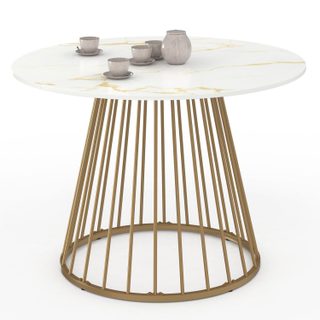 Table à manger ronde YUNA 6 personnes pied filaire laiton et plateau effet marbre blanc ALASKA 110 cm
