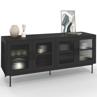 Buffet 140 cm zineb 4 portes vitrées façade cannelée noir