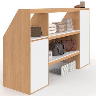 Ensemble étagère 2 niveaux, armoire 1 porte et armoire 1 porte + 1 niche sous pente tomi hêtre et blanc