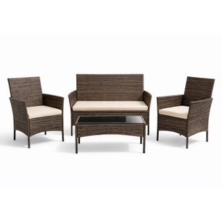 Ensemble de jardin 4 places en résine tressée marron et coussins beige LOOS