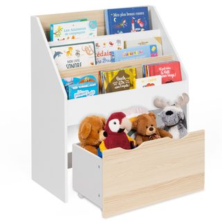 Meuble de rangement bibliothèque enfant mana 3 étagères et 1 bac sur roulettes blanc et hêtre