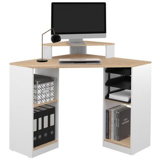 Bureau d'angle harry blanc et façon hêtre gain de place bureau informatique avec rangements