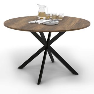 Table à manger ronde alix 6 personnes pied araignée noir et plateau bois foncé hawkins 110 cm
