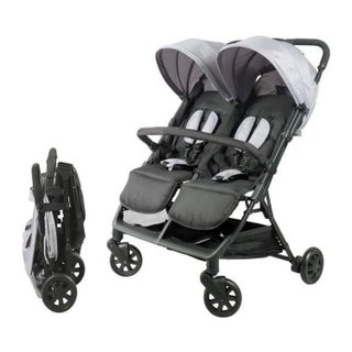Bambisol - DS209 GRIS NOIR - Poussette Double Cote a Cote | Pour Jumeaux des la Naissance, Pliage Ultra-Compact | Noir Gris
