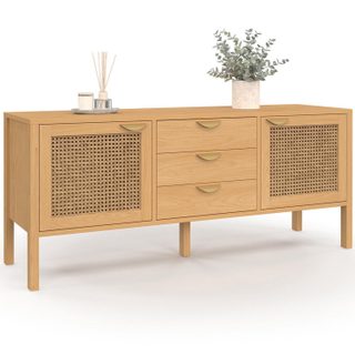 Buffet bas 140 cm edhen 2 portes et 3 tiroirs bois et cannage