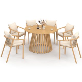 Salon de jardin solal table ronde 120 cm avec pied lattes en métal et 6 chaises de jardin avec lanières et coussins beiges