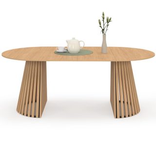 Table à manger extensible ronde CARMEN 4-10 personnes pied bois en lattes et plateau bois 110-200 cm