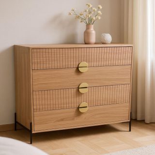 Commode 4 tiroirs décor bois rainuré 84cm VALLO
