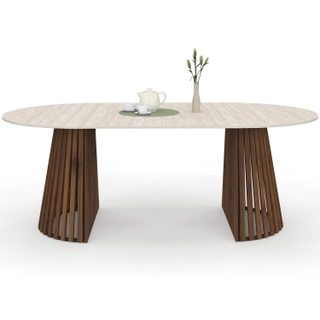 Table à manger extensible ronde CARMEN 4-10 personnes pied noyer en lattes et plateau effet travertin 110-200 cm