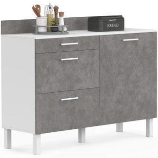 Buffet bas casserolier de cuisine 120 cm CINA plan de travail H.83 cm 1 porte + 3 tiroirs blanc et effet béton