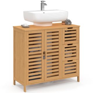 Meuble sous lavabo salle de bain bambou bea avec placard et 3 tiroirs
