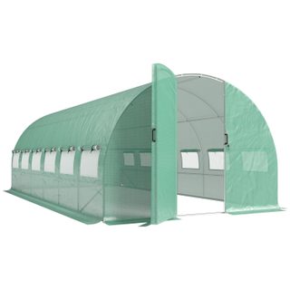 Serre tunnel de jardin 18 m² porte 12 fenêtres enroulables acier PE vert