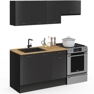 Cuisine complète 180 cm subtil avec plan de travail 5 éléments noir et plateaux bois