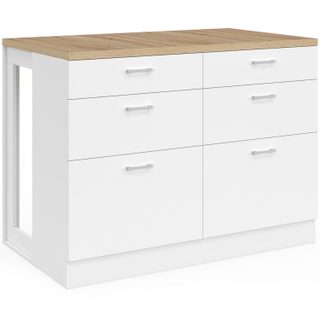 Ilot central mange-debout ORSO 120 cm casserolier 6 tiroirs blanc avec plan de travail façon hêtre