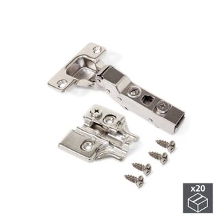 Lot de 20 charnières coudées pour montage en applique X91 avec fermeture amortieet embases avec réglage excentrique à visser