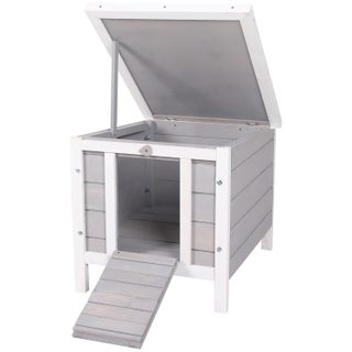 Clapier lapin niche sur pied - rampe porte verrouillable, toit ouvrant bitumé incliné - bois gris blanc