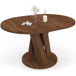 Table à manger extensible ronde JASMINE 4-8 personnes pied central noyer 110-150 cm