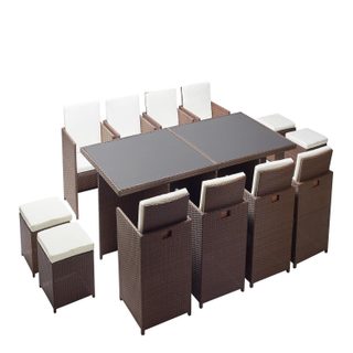 Table et chaises 12 places encastrables résine marron-blanc MONACO