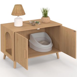 Maison de toilette chat cache-litière JULIETTE avec doubles portes lattes tasseau bois coloris chêne