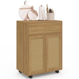 Desserte de cuisine HANAE tiroir effet bois et placard en cannage L.60 cm