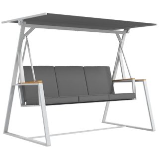 Balancelle de jardin design 3 places toit inclinaison réglable matelas fourni acier blanc tissu gris foncé