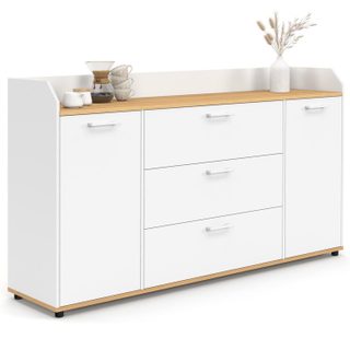 Buffet 140 cm JABA 4 portes avec rebord blanc et plateau bois façon hêtre