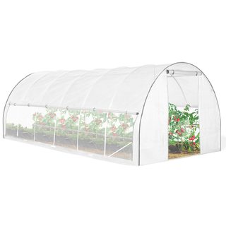 Id Market Serre de jardin tunnel 18m² 6 x 3 x 2 m acier galvanisé + bâche anti-uv avec porte et fenêtres crimée blanche avec moustiquaire
