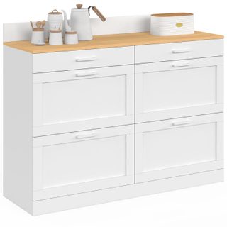 Buffet bas de cuisine 120 cm casserolier VITO plan de travail H.83 cm 6 tiroirs blanc et plateau façon hêtre