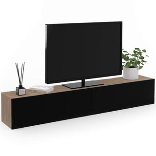 Meuble tv 180 cm suspendu elio 2 portes bois et noir