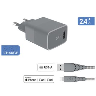 Kit Chargeur USB A 2.4A + Câble Ultra-Renforcé USB A / Lightning 1.2m Gris + Garantie à vie Force Power - Neuf