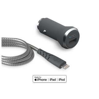 Kit Chargeur Voiture USB A 2.4A + Câble Ultra-Renforcé USB A / Lightning 1.2m Gris + Garantie à vie Force Power - Neuf