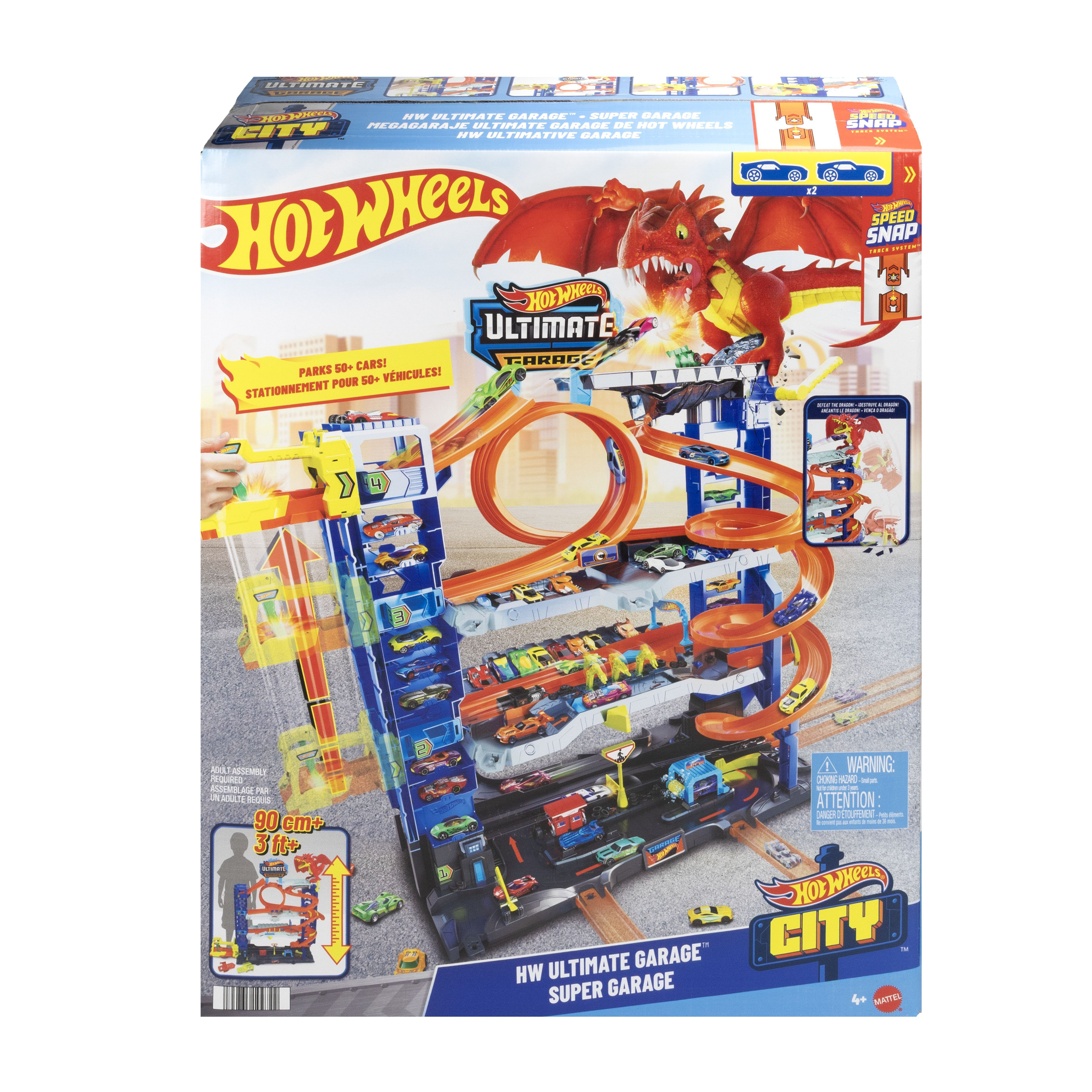 hot wheels city-garage ultime-coffret avec 2 voitures incluses