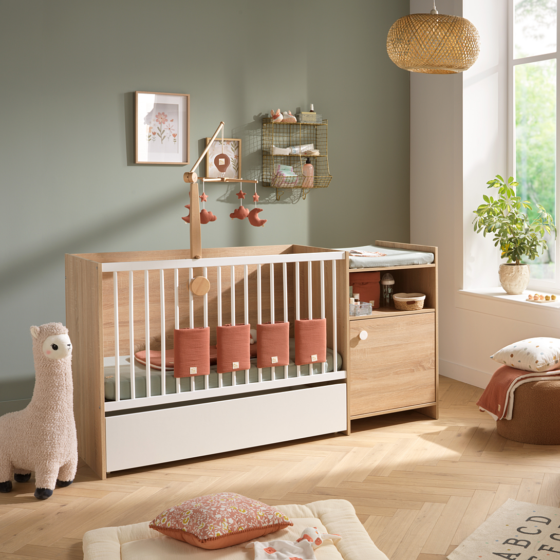 Baby Price Lit Bébé Combiné - 120x60cm - Evolutif En 90x190cm - Up - Décor Bois - Avec Commode A Langer 1 Porte