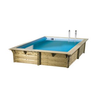 Piscine bois Azura 300 x 300 cm : format carré moderne, idéale pour tous les jardins. Liner bleu 75/100e, robuste et confortable, elle offre un espac