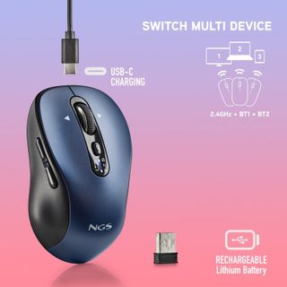 Ngs Infinity-rb : Souris sans fil multi-appareils (2,4 GHz+bt5.1+bt5.1) Touches rechargeables et silencieuses. Ambidextre. Dpi : 1000/1600/2400/3200. Bleu