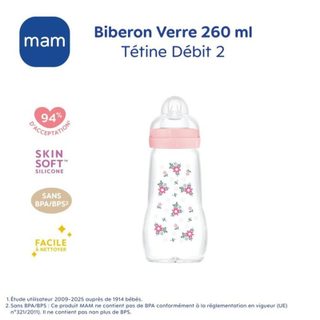 MAM Biberon en verre 260 ml Rose Tétine Silicone SkinSoft Taille 2